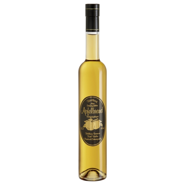 0,5 Liter Flasche Höllberg Apfelbrand mit einem Alkholgehalt von 45% vol.
